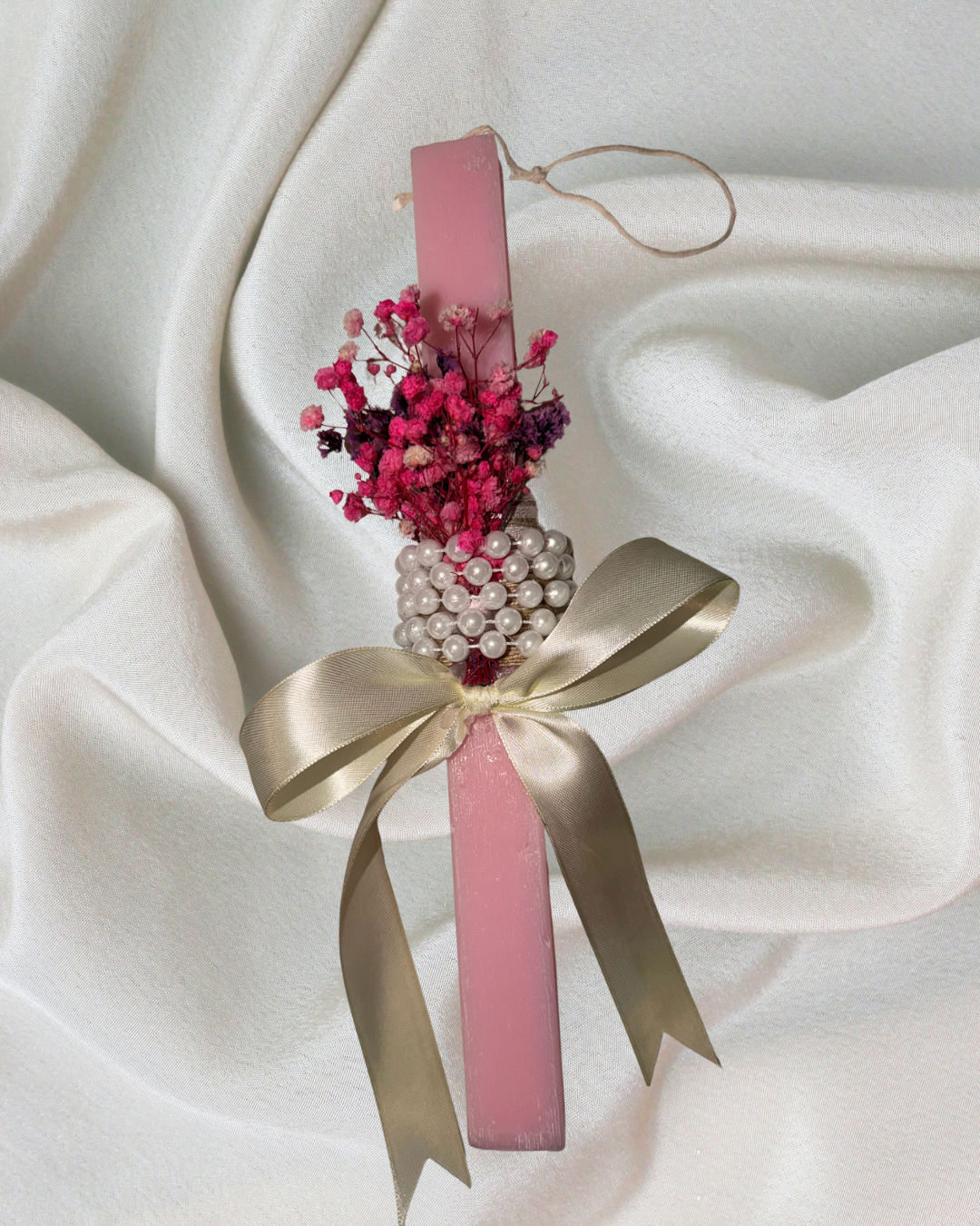 Pink Easter Candle with Pearls & Flowers