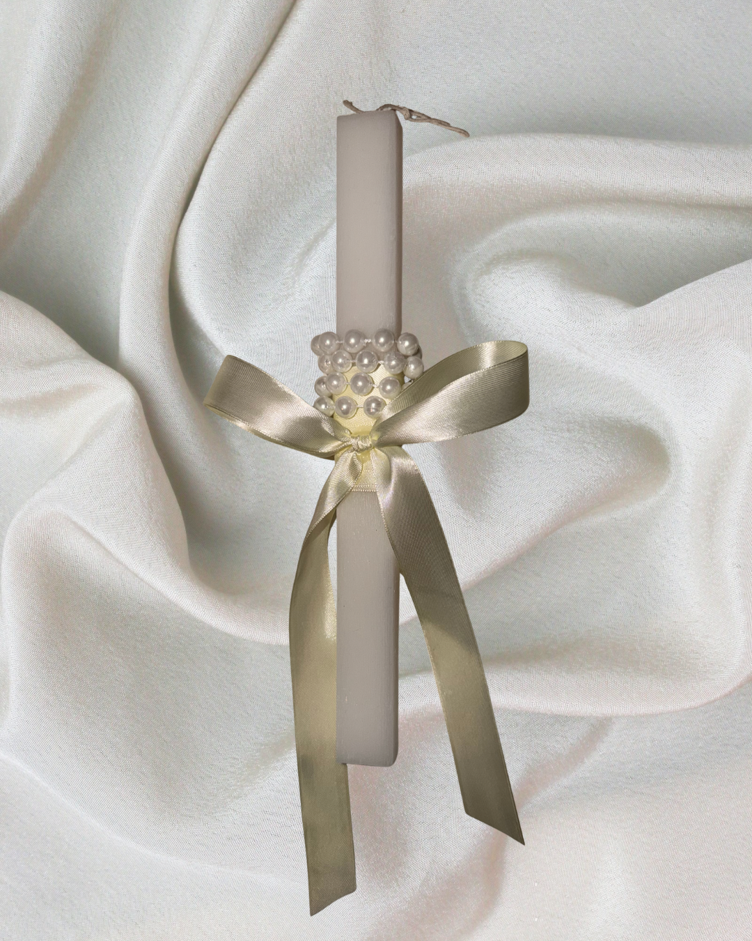 Elegant White Easter Candle with Pearls & Ribbon