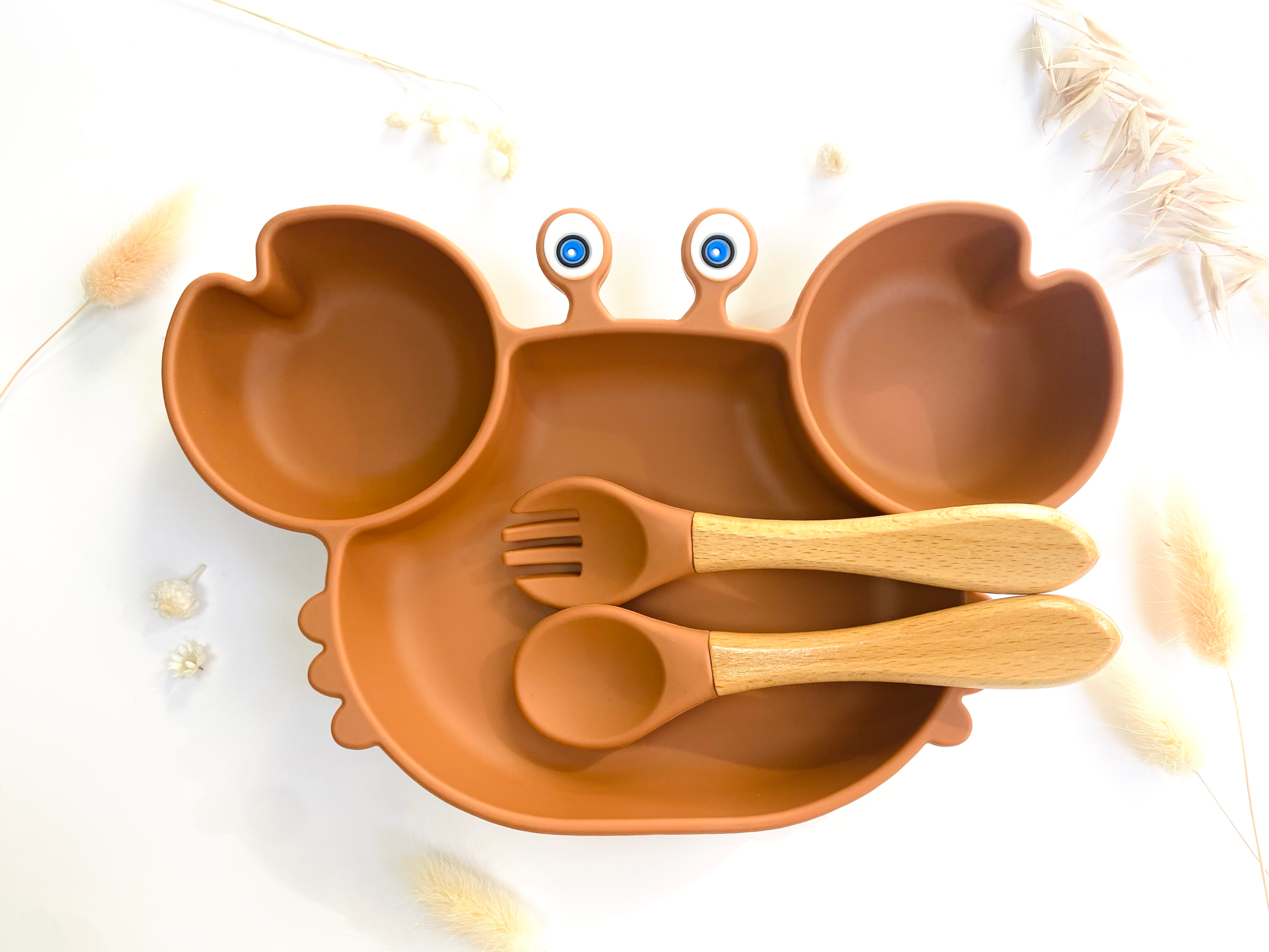 Crab-shaped meal set+cutlery for children